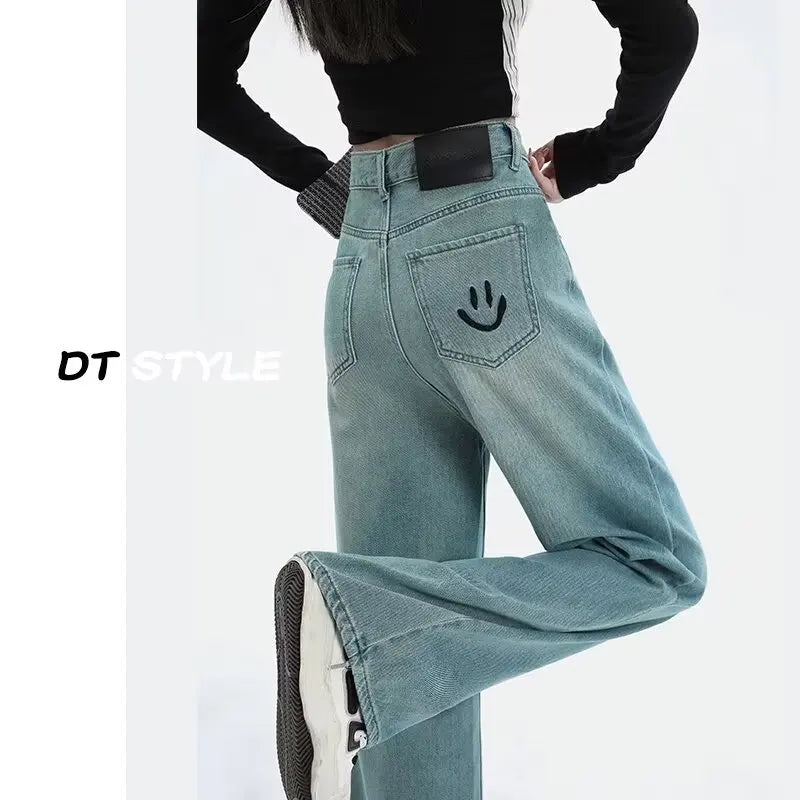 Women Comfortable Thin Denim Pants New Female Vintage Mid Waisted Jeans Pants Girls Smile Edition Straight Leg Jeans Trousers